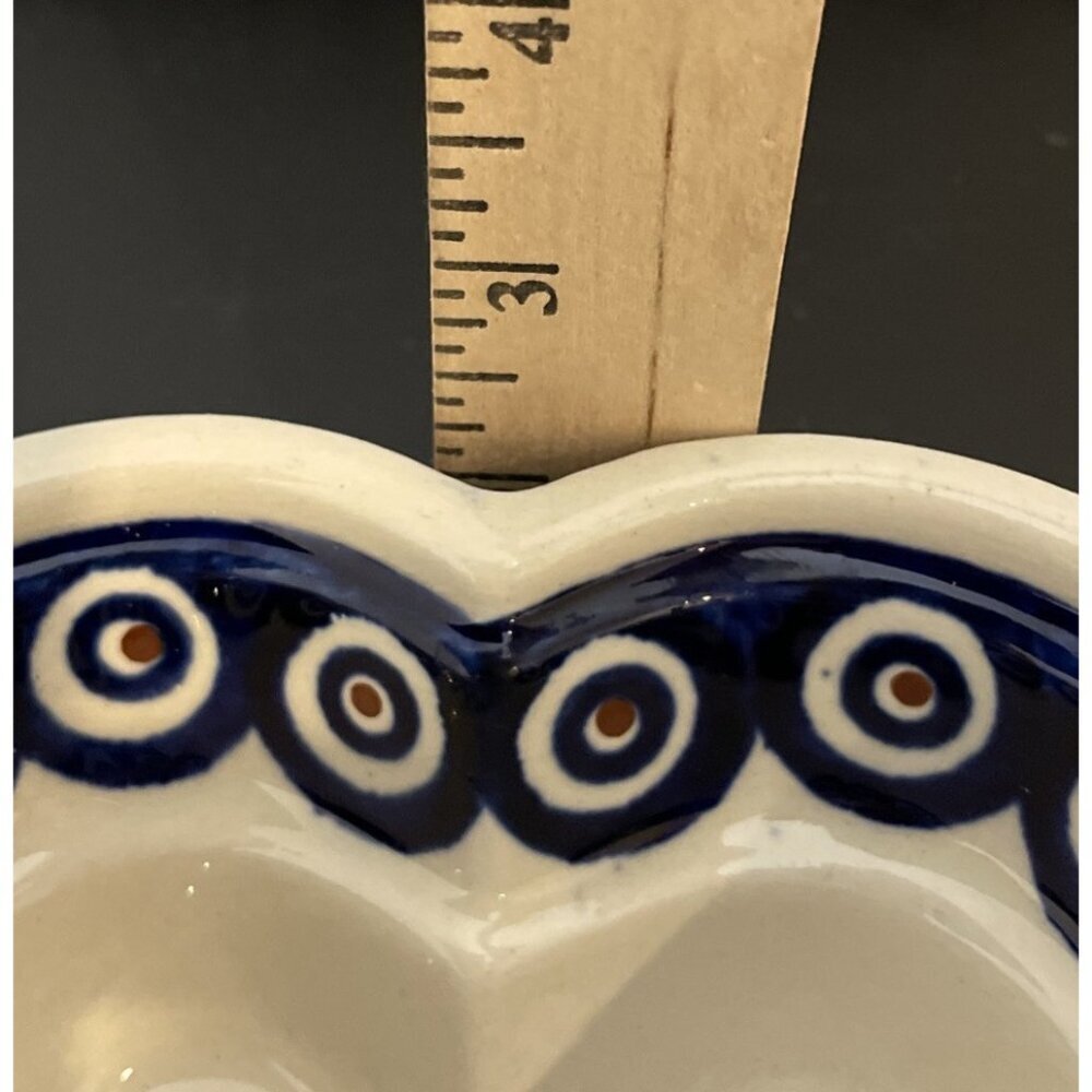 Boleslawiec Polish Art Pottery Heart Shaped Bowls Baker Mold Blue Dots Set Of 2 - Picture 7 of 7